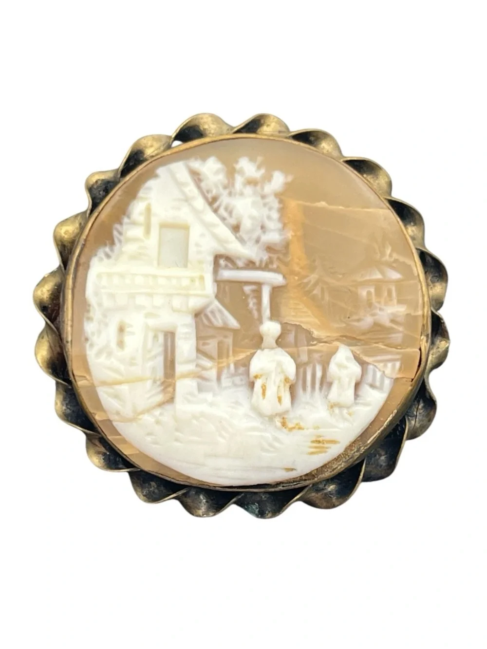 Victorian round carved shell Cameo landscape cottage gold tone brooch pin